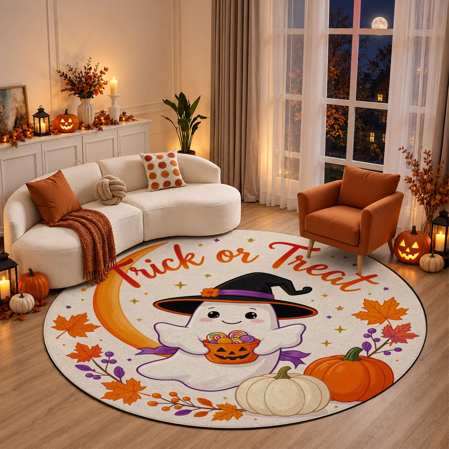 Cute Ghost Trick Or Treat Pumpkin Moon Autumn Pattern Round Soft Velvet Rug, Machine Washable Stable Floor Rug For Living Room, Bedroom, Entryway, Perfect For Halloween, Thanksgiving, Christmas, New Year Home Decor