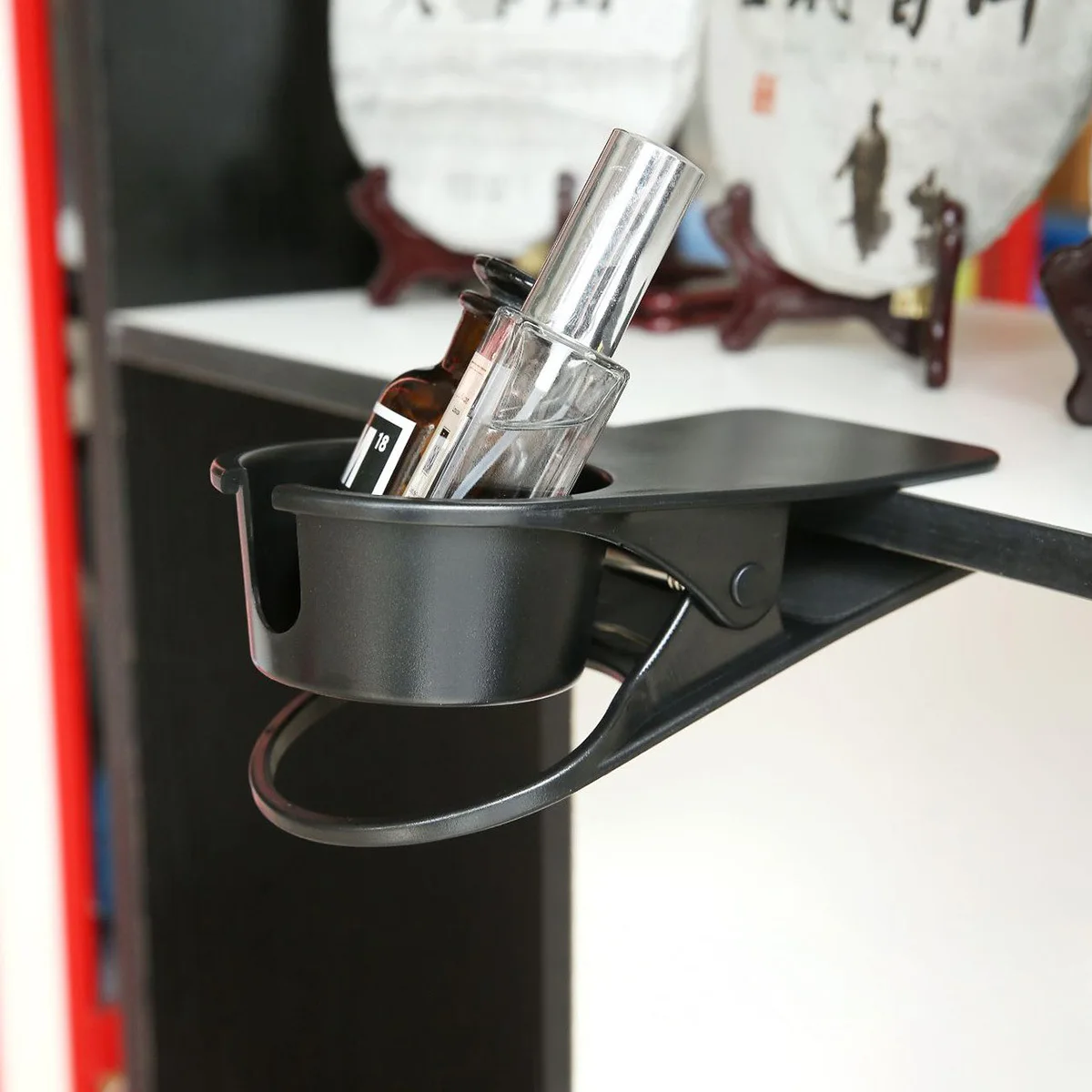 

Water Cup Clip Holder Abs Strong Clamp Desk Coffee Bottle Organizer Cable Slot Black Table Bottle Cup Stand Saucer Clip