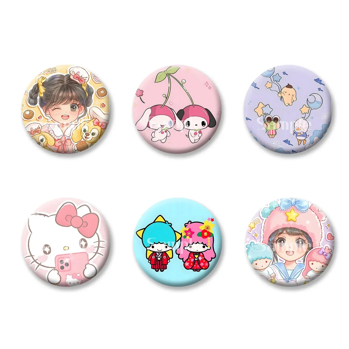 Sanrio-tarjetas con insignia Flash de Hello Kitty, pequeñas estrellas gemelas, llaveros de recuerdo, espejo de maquillaje práctico, imán para nevera, accesorios ACG