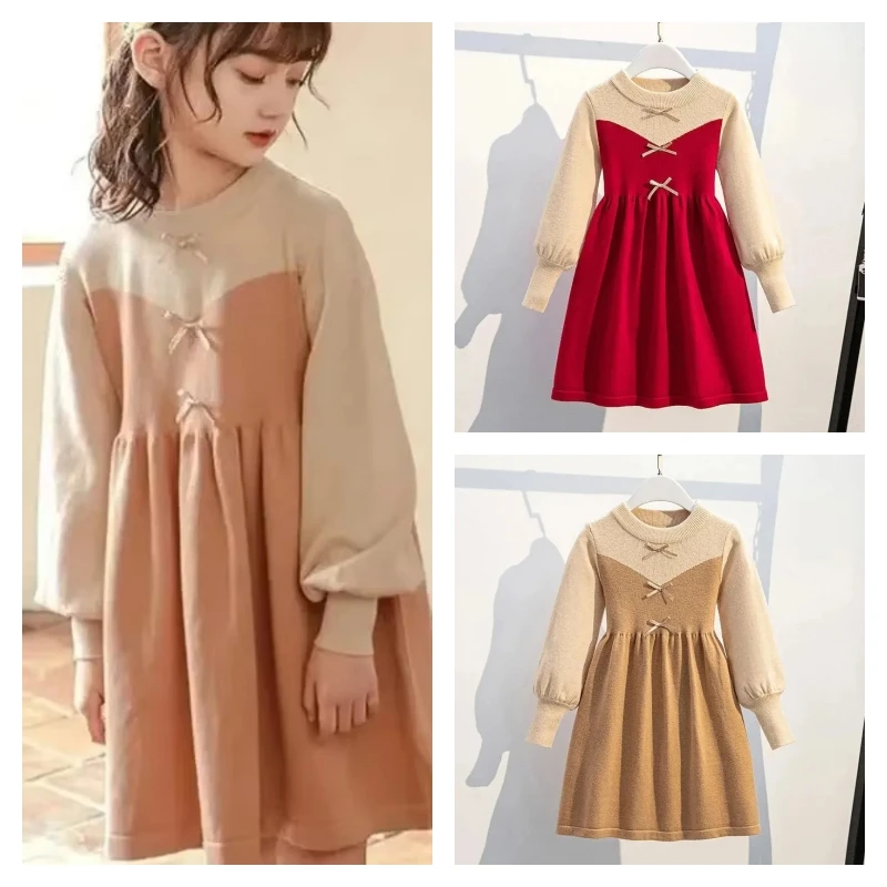 

Популярное кавайное модное платье для девочек, студенческое осенне-зимнее повседневное свитер с круглым вырезом, пуловер, топы, вязаная юбка, детская одежда