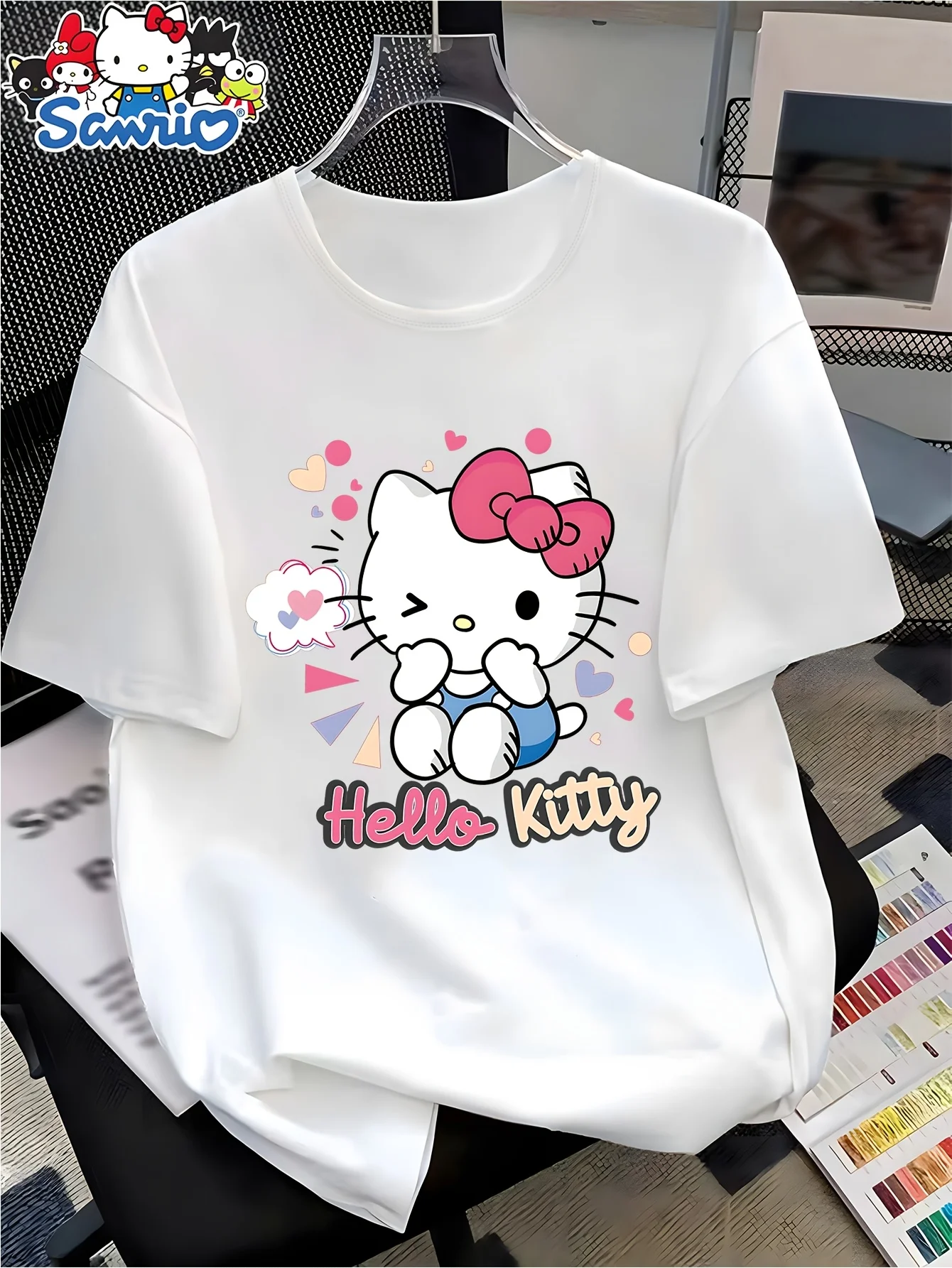 Camiseta holgada de verano con lazo rosa de Hello Kitty para mujer, material 100% de algodón puro, adecuada para atuendos deportivos informales diarios