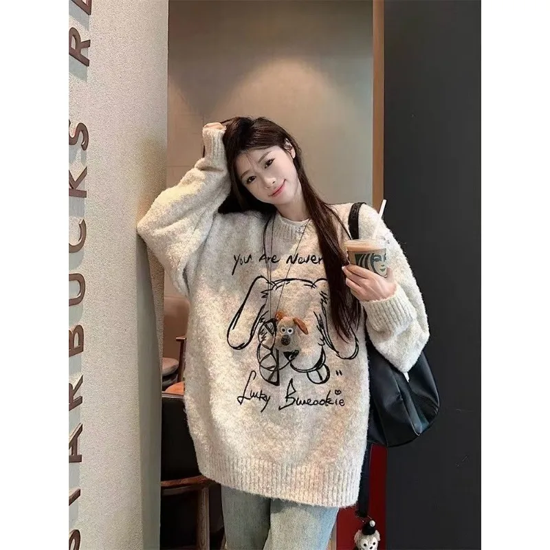 Suéter holgado Retro con cuello redondo para mujer, suéter tridimensional para cachorros, Top reductor de edad informal para otoño e invierno