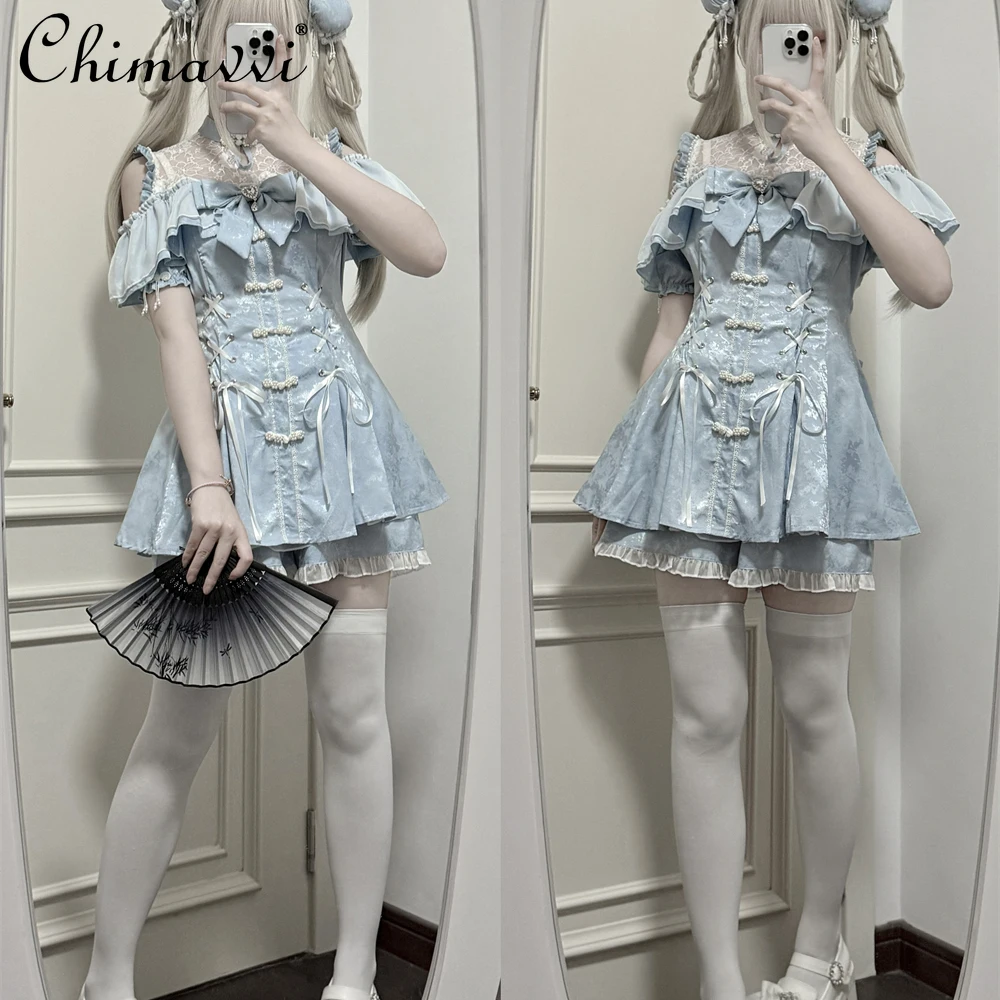 

Original Bud Clothes Mass-produced Chinese Style Dress Set Summer New Japanese Sweet Bow Slim Dress + Shorts Lolita Two-piece