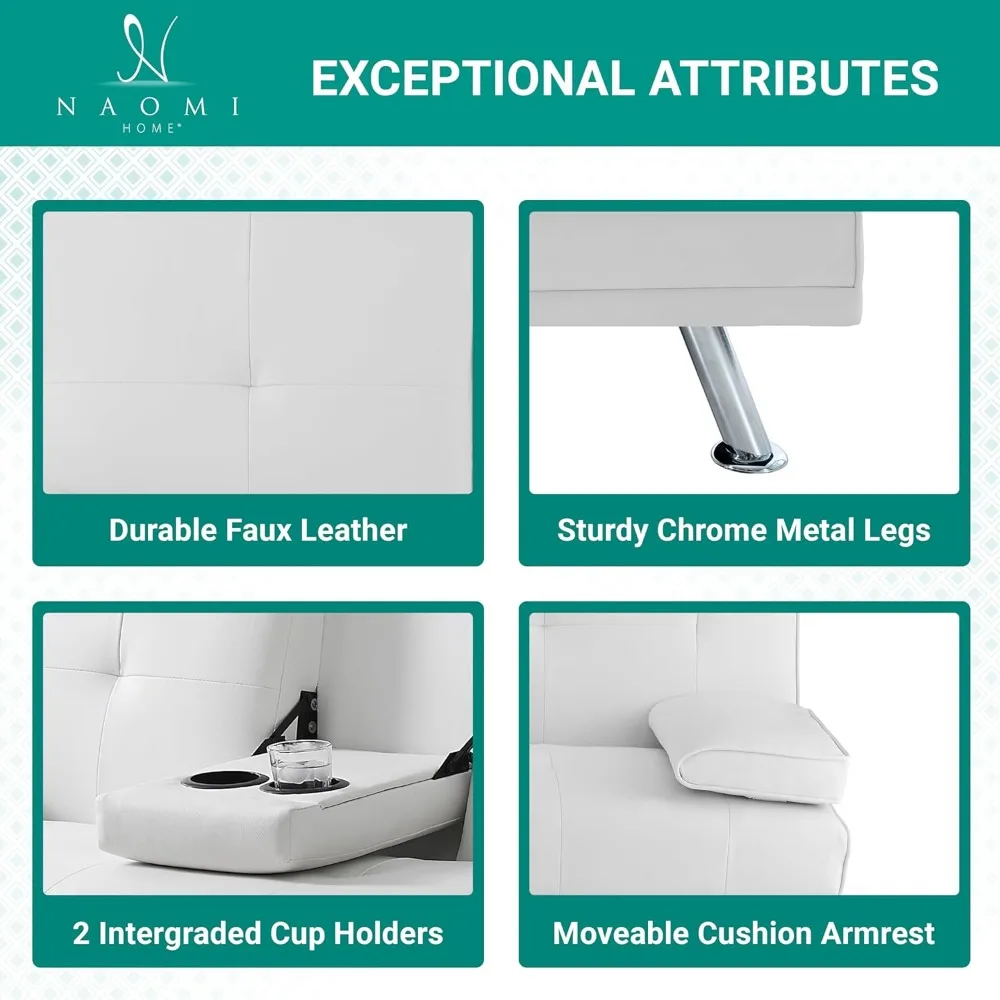 Divano letto futon in ecopelle bianca, divanetto reclinabile a 3 posizioni con braccioli, 2 portabicchieri, capacità di carico di 500 libbre