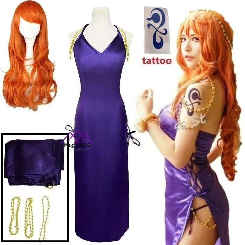 

Anime Nami Fantasy Sexy Cosplay Costume Purple Dress Wig Pirate Role Play Halloween Chrismas Carnival Fantasia Female Outfit