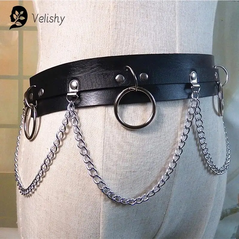 Faux Leather Metal Circle Chain Tassel Waist Belt Punk Gothic Body Accessories