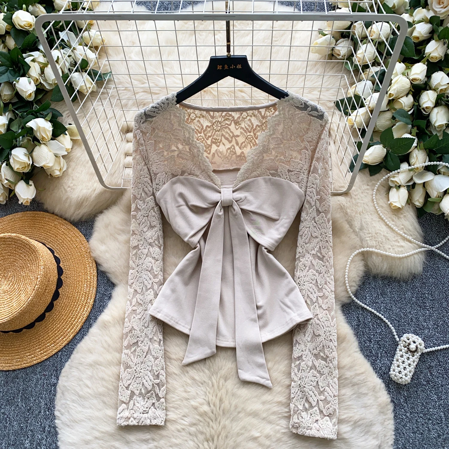 

Vintage Basics Chic butterfly long sleeve lace Top office lady French Streetwear High Street Blouse