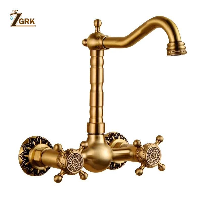 High Quality Basin Faucets Antique Brass Bathroom Wall Mounted Faucet Tap Rotate Double Handle Hot and Cold Water Mixer Taps