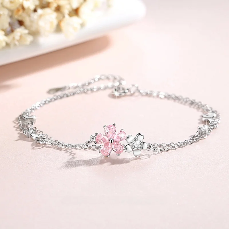 Pulsera de Plata con Diseño de Sakura, Anillo de Circonita Rosa para Mujer, Joyería de Mano con Flores para el Día de San Val...