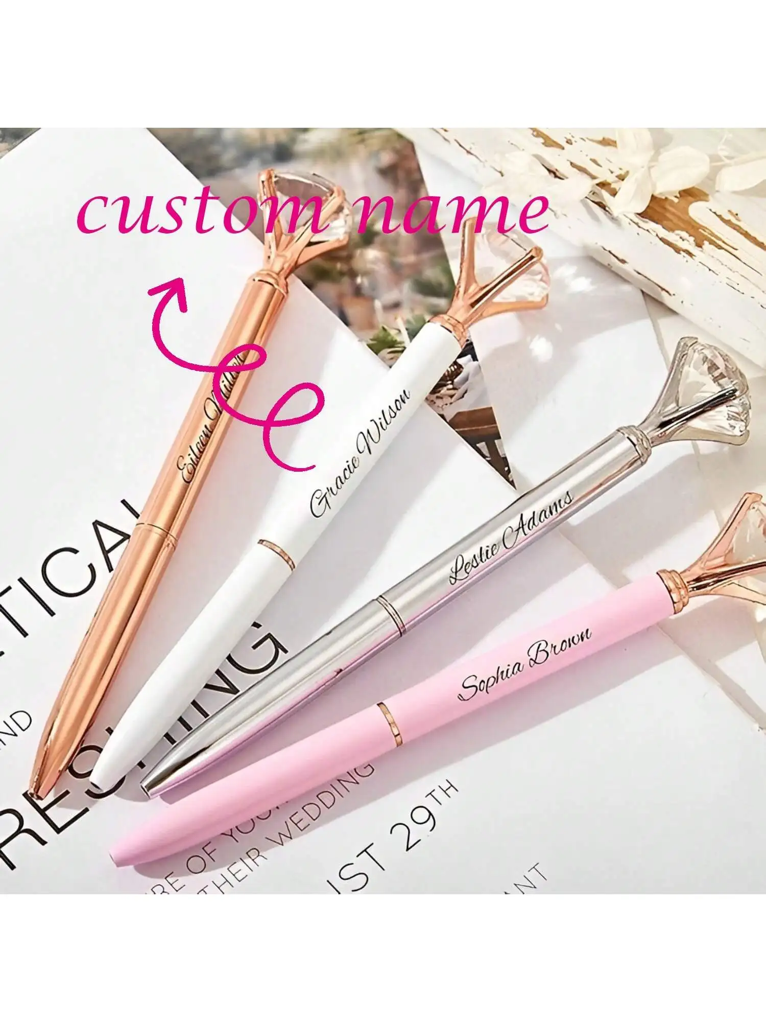Stylo à bille minimaliste personnalisé avec diamant, stylo avec nom personnalisé pour les études et le travail, cadeau de Noël et de fête