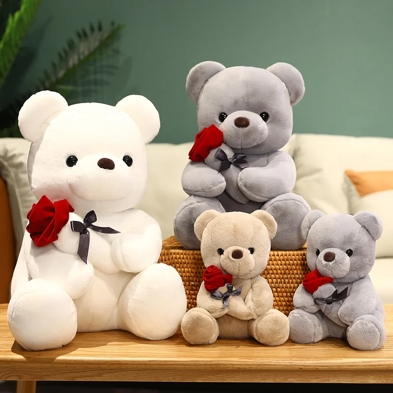 

Teddy Bear Holding Rose Plush Toy Soft Stuffed Animal Doll Gray White Brown Romantic Gift Boys Girl Kids Valentine Birthday Gift
