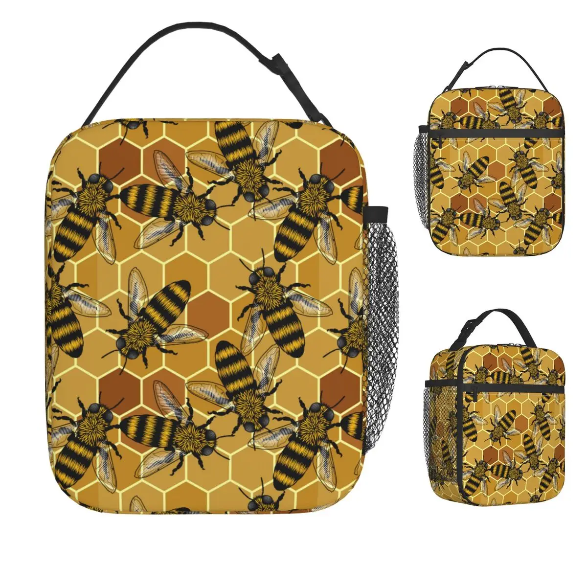 Honeycomb Pattern Seamless Lunch Bag Leisure Lunch Box For Women Beach Portable Zipper Cooler Bag Print Tote Food Bags