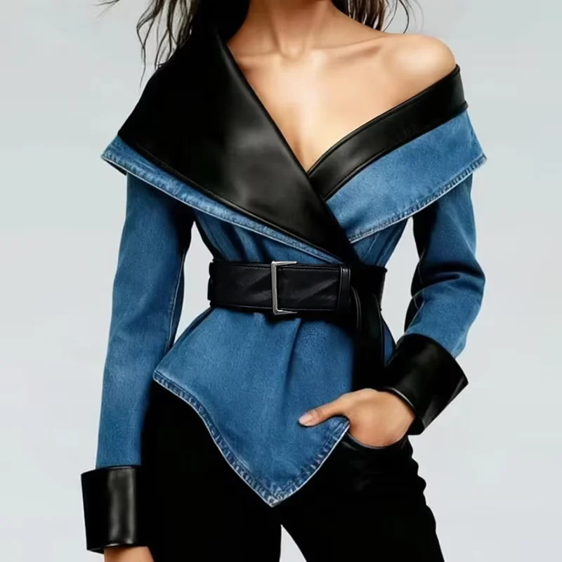 Women's Denim Patchwork Leather Jacket Asymmetric Collar Belted Waist Fashion Streetwear Stylish Moto Biker Denim Top Outwear
