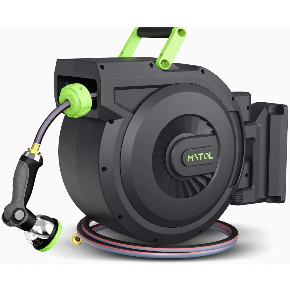 

Retractable Garden Hose Reel, 1/2 Inch x 100 ft + 6 ft Wall Mount Hose Reel with Automatic Slow Rewind System, Any Length Lock,