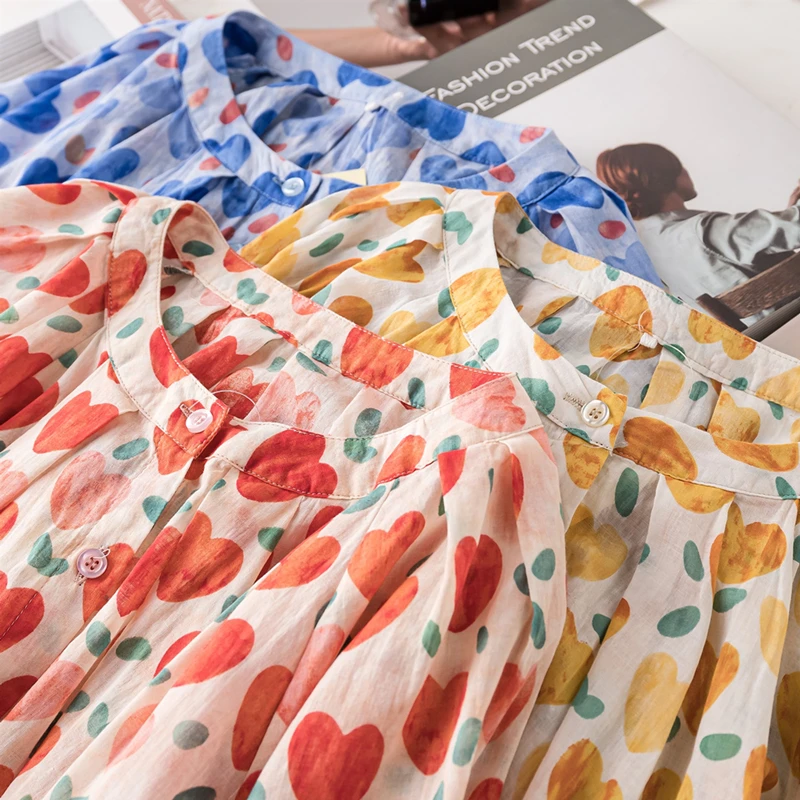 Summer New Cotton Girlish Round Neck Shirts Short Sleeves Heart Printed Loose Breathable Pastoral Style Button Coats Blouses