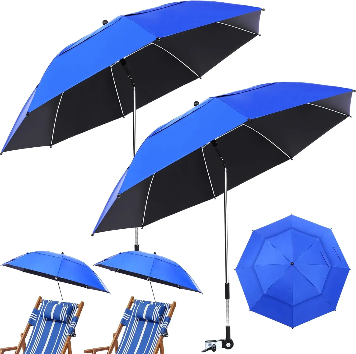 

2 Pcs 49' Double Canopy Beach Umbrellas with Clamp Upf50+ Beach Chair Umbrella with Clip 360 °