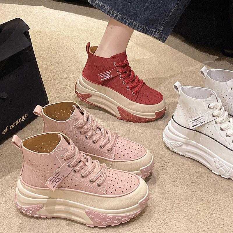 2023 Breathable New High Collar Thick Sole Small White Shoes for Women's Versatile Soft Leather Flat Shoes Casual Sports Shoes