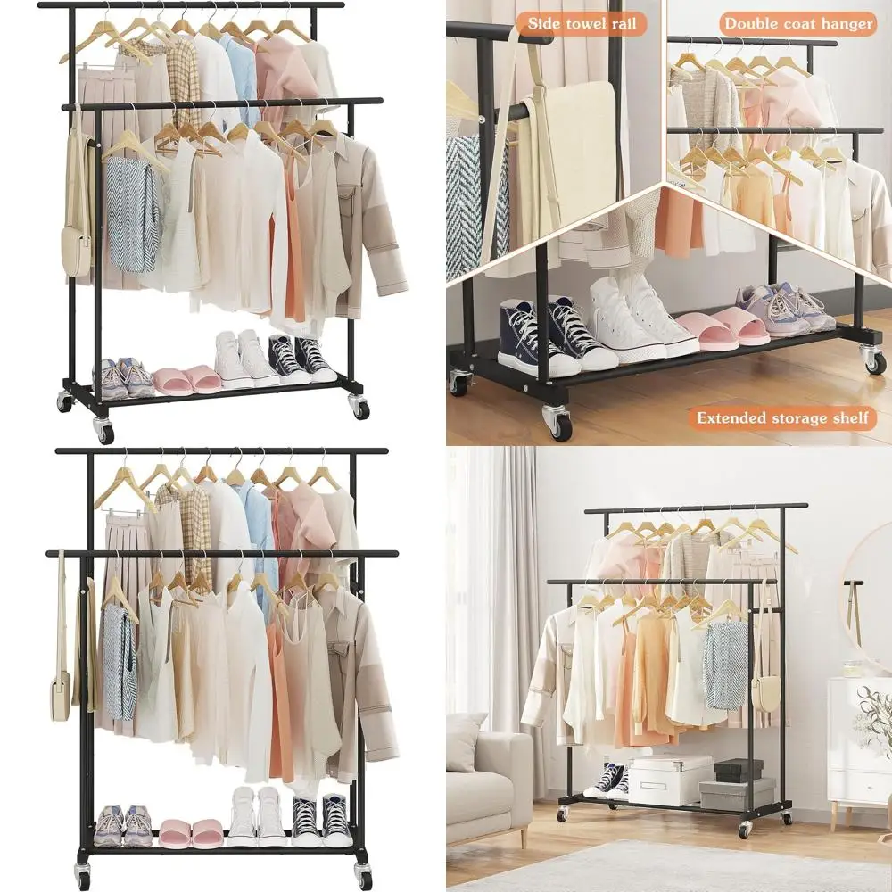 

Portable Double Rod Rolling Clothes Rack - Black, Ideal for Bedrooms, Living Rooms, and Clothing Stores