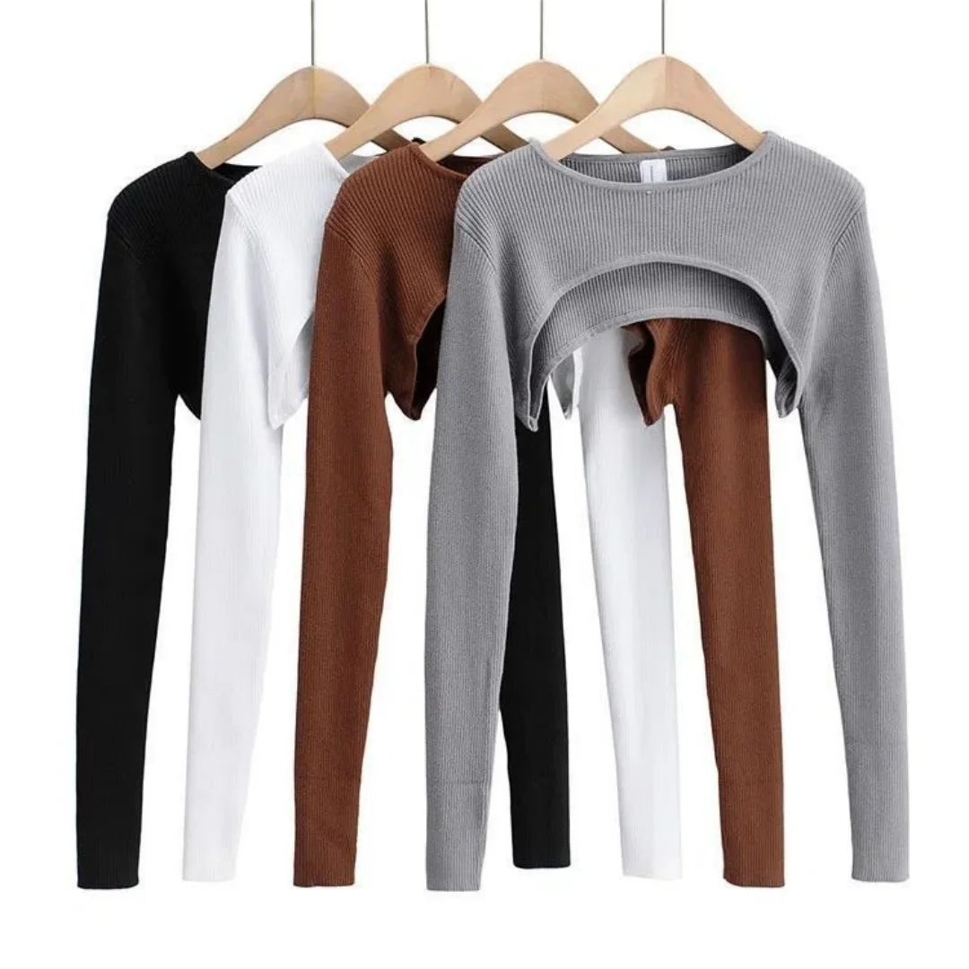 

T shirts Women Long Sleeve Crop Top Spring Autumn Y2k Aesthetic Clothes O neck Black White Sexy Harajuku Knitted Tshirt 2026