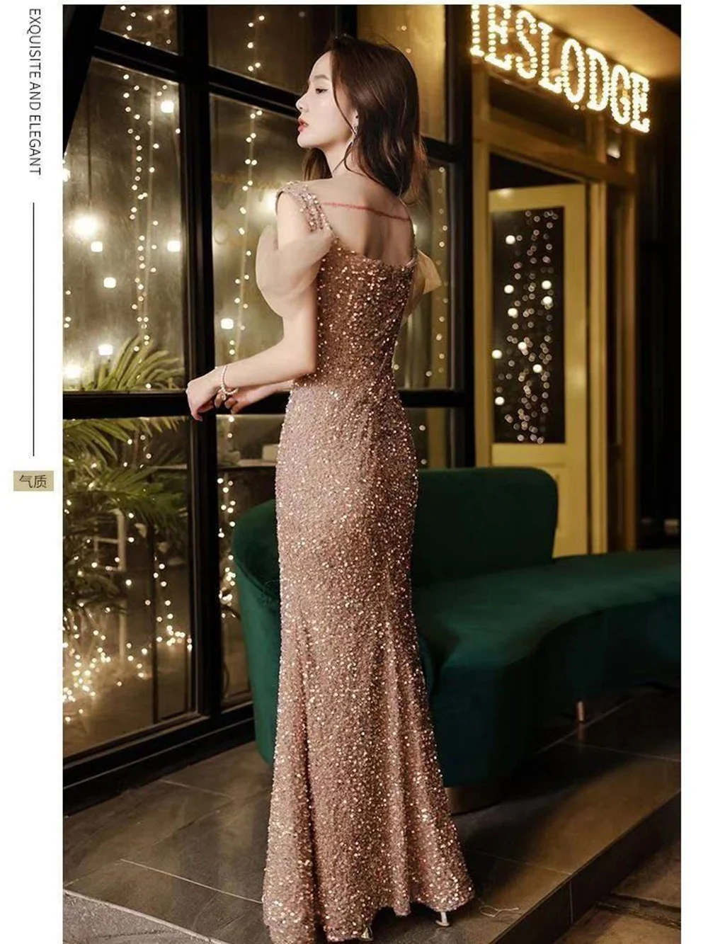 Elegant Khaki Women's Evening Dress Light Luxury Shinning Sequins Square Collar Slim Fit Prom Gown Cocktail Party Vestido