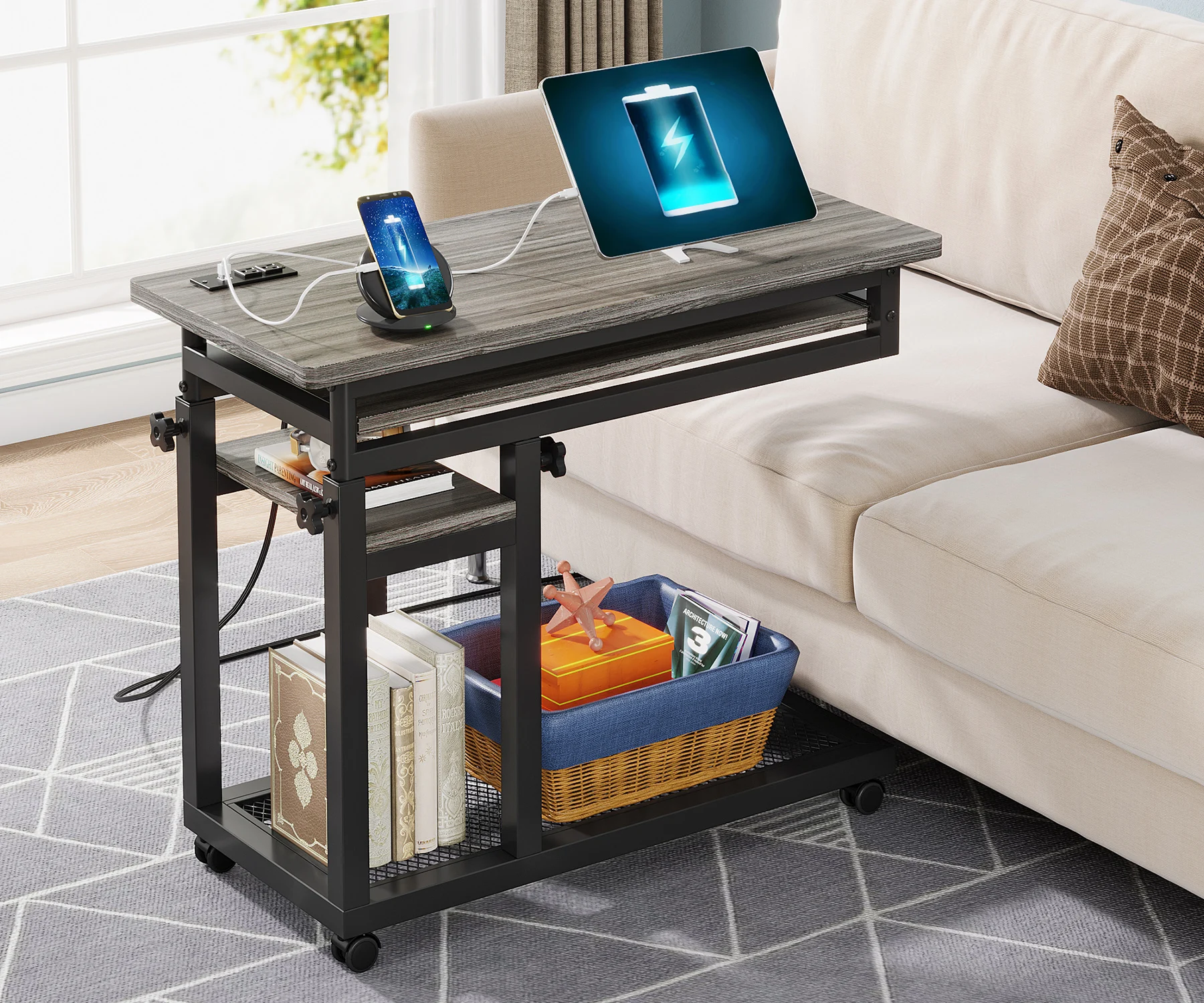 Tribesigns Small Portable Desk with Power Outlet, Height Adjustable Sofa Couch Bedside Laptop Table with Wheels