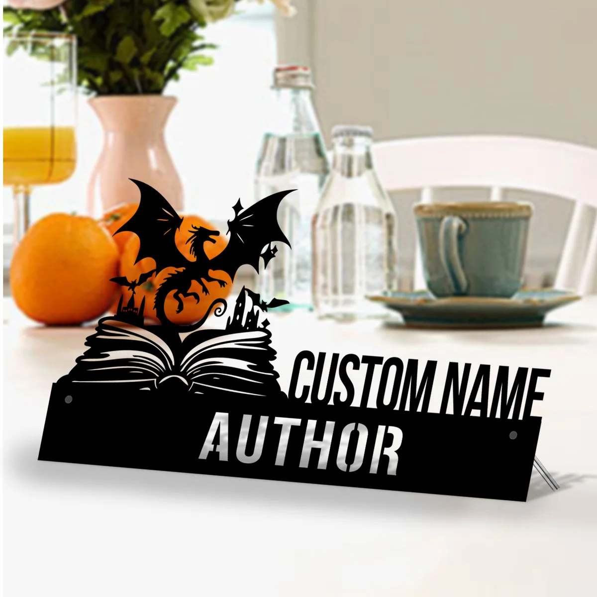 Custom Mystical Dragon Book Desk Name Plate Wedge Personalized Author Nameplate Office Sign Shelf Tabletop Nerd Book Reader