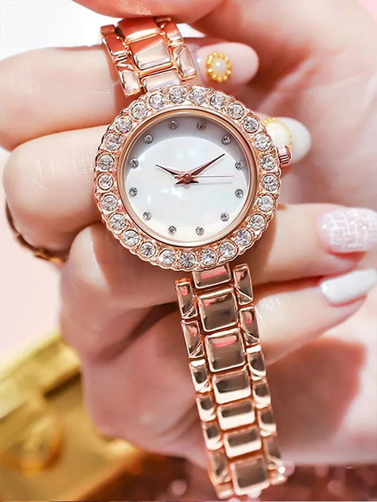 2PCs Fashion Versatile Diamond Inlaid Women\'s Rose Gold Steel Band Quartz Watch with Bracelet Set