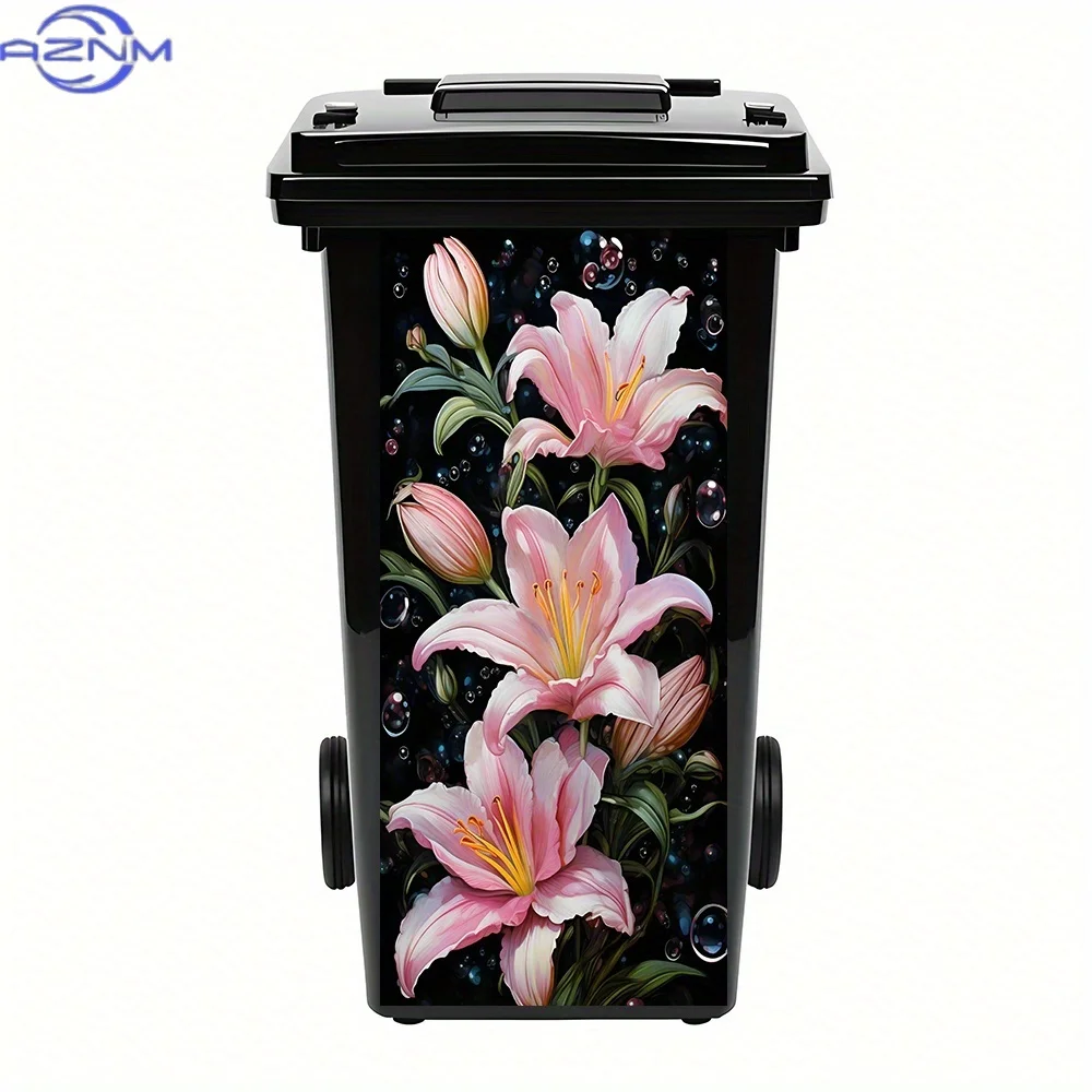 Pink Lilies with Bubbles PVC Trash Can Stickers - Waterproof Removable Self-Adhesive Floral Decals, 30.99x70.0 cm Large Decora