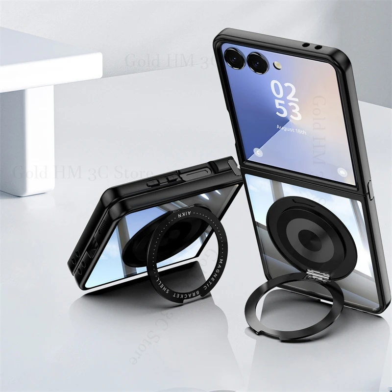 

9H Tempered Transparent Ring Case For Samsung Galaxy Z Flip7 5G 360° Magnetic Stand Back Cover For Samsung Z Flip 7 6 5 Fundas