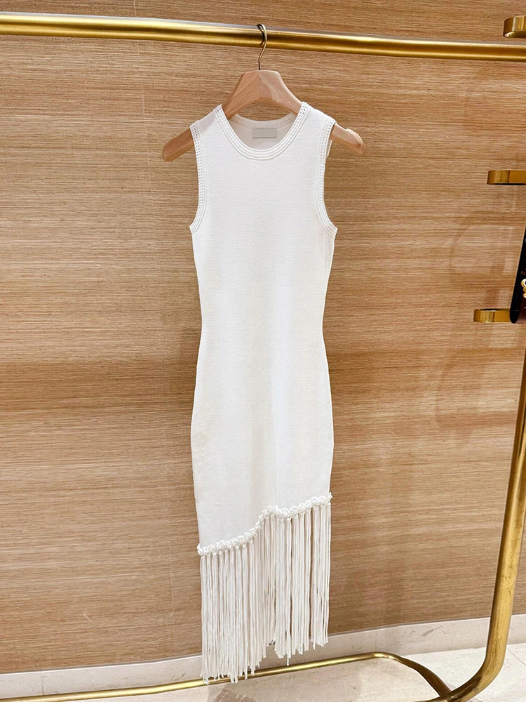 

White Fringed Knitted Vest Dr Women's High Waist A-Line Skirt Long Dr Spring Summer Autumn Season Ele Lady Sle