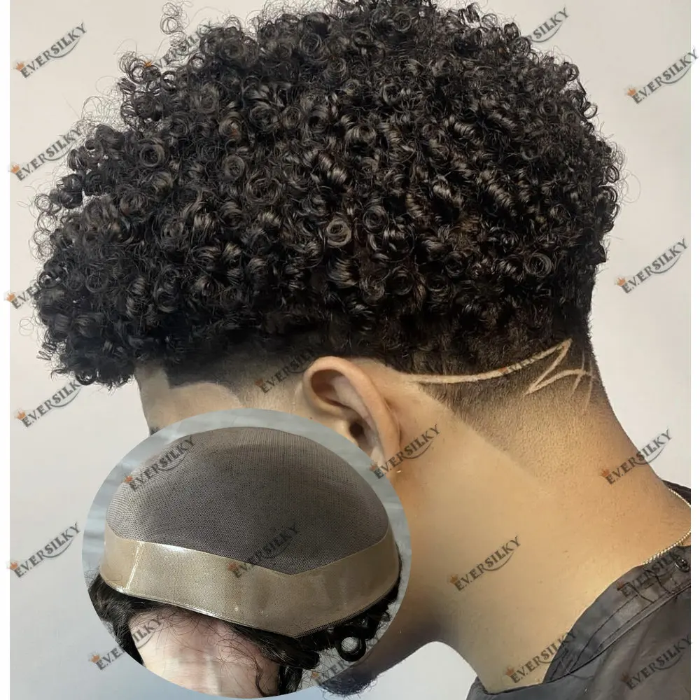 15mm 12mm Fine Mono Breathable Human Hair Afro Curly Men's Toupee Durable Curly Toupet for Men Prosthetic Hair Male System 20mm