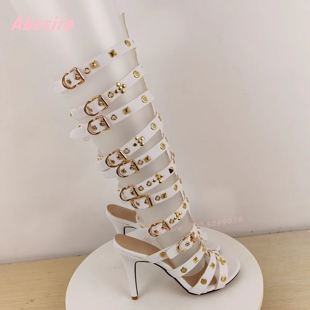 الأبيض برشام قطع صنادل طراز جلاديتور المفتوحة تو الخنجر الكعوب متعددة التوى Slingback المدرج الأحذية المرقعة أحذية الصيف مثير
