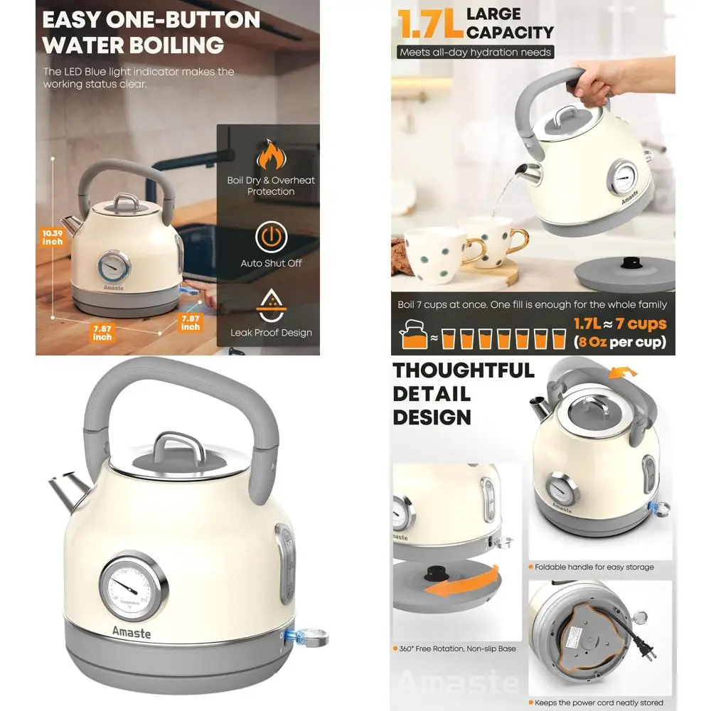 

Vintage-Style 57 Oz Stainless Steel Electric Kettle with Thermometer, Fast Boil, Auto-Off and Boil Dry Protection for Coffee & T