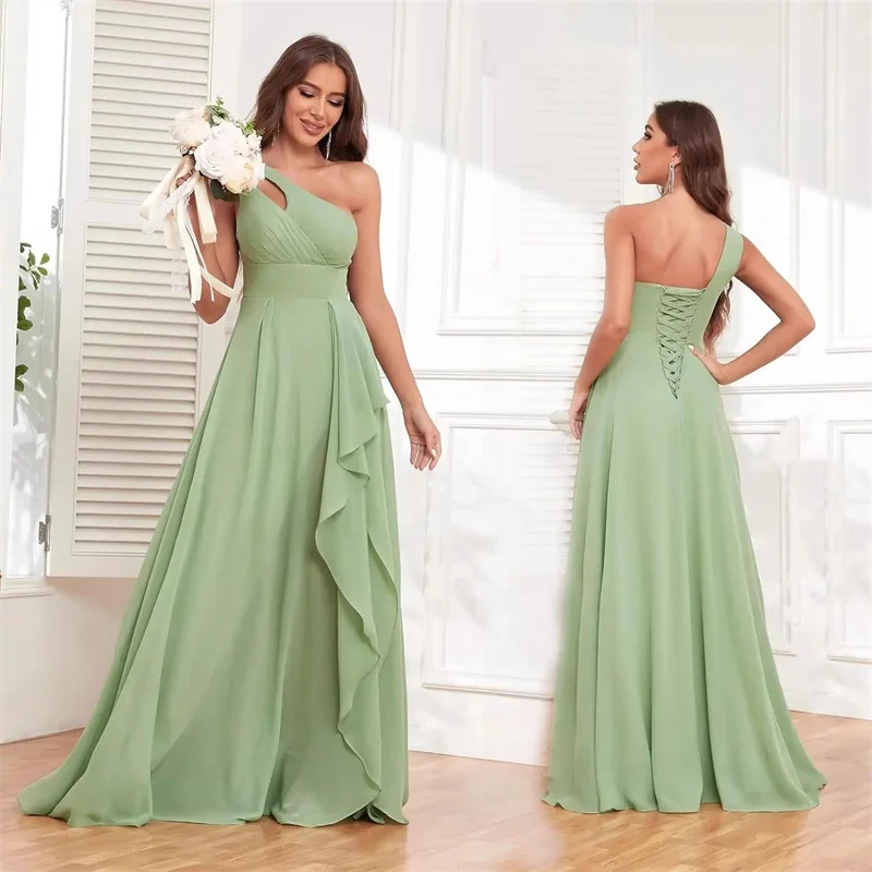 A Line Chiffon Bridesmaid Dresses One Shouder Slit Pleat Elegant Wedding Party Formal Prom Evening Lace Up Back