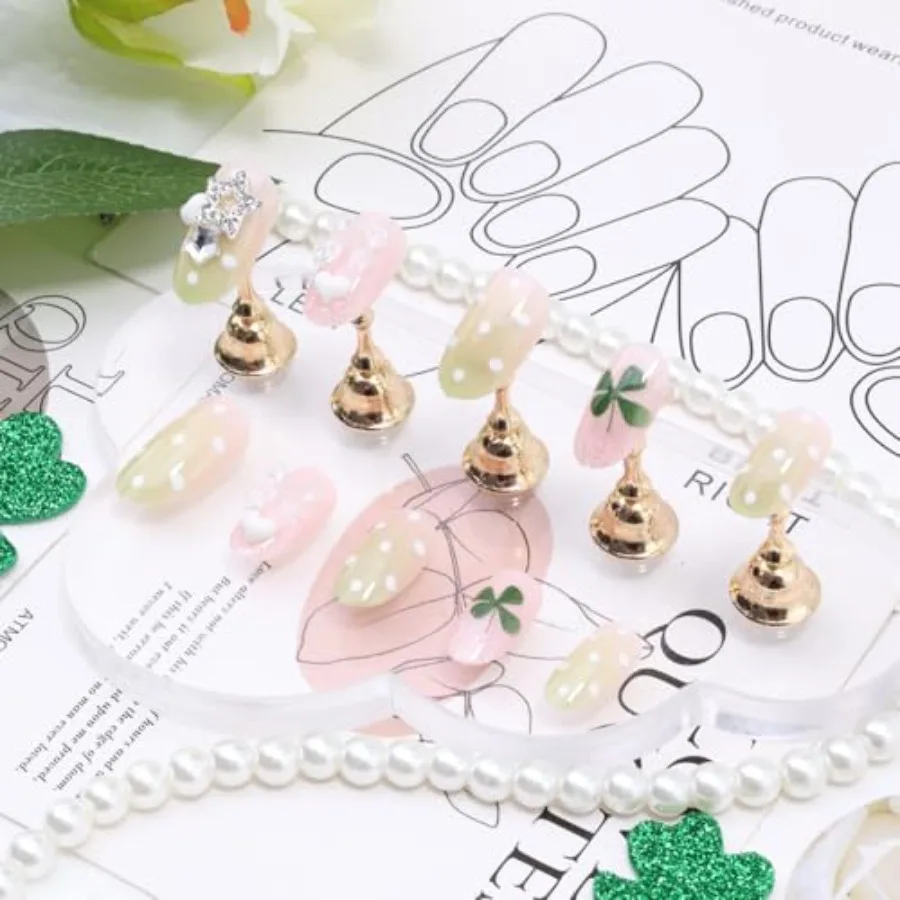 24Pcs Almond Press on Nails Short St Patricks Day Fake Nails with 3D Heart Bow Star Designs Glitter Green Shamrock False Nail W view 5
