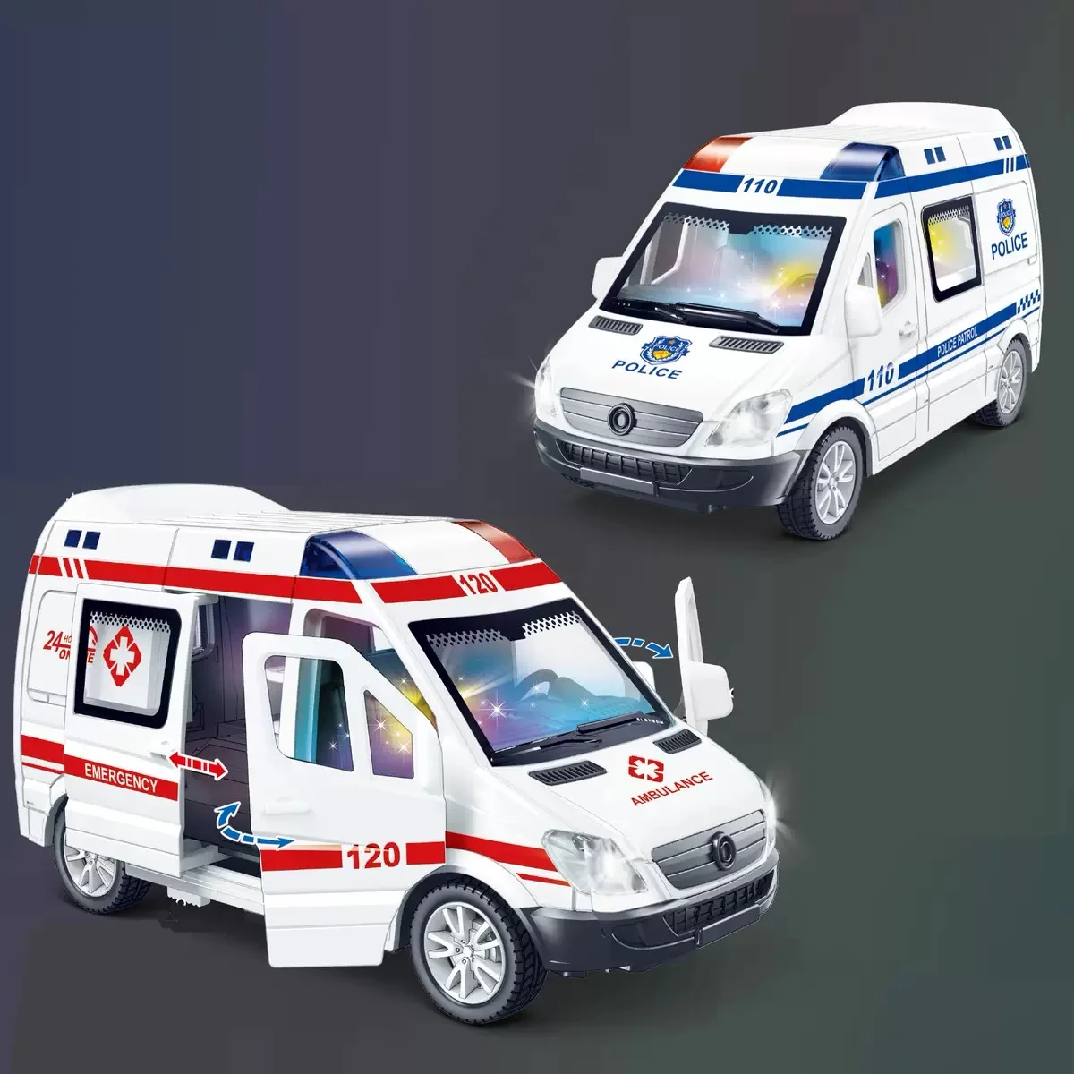 Various styles of inertial car toys, lights, music and flash police cars, ambulances, manual door opening models, small gifts