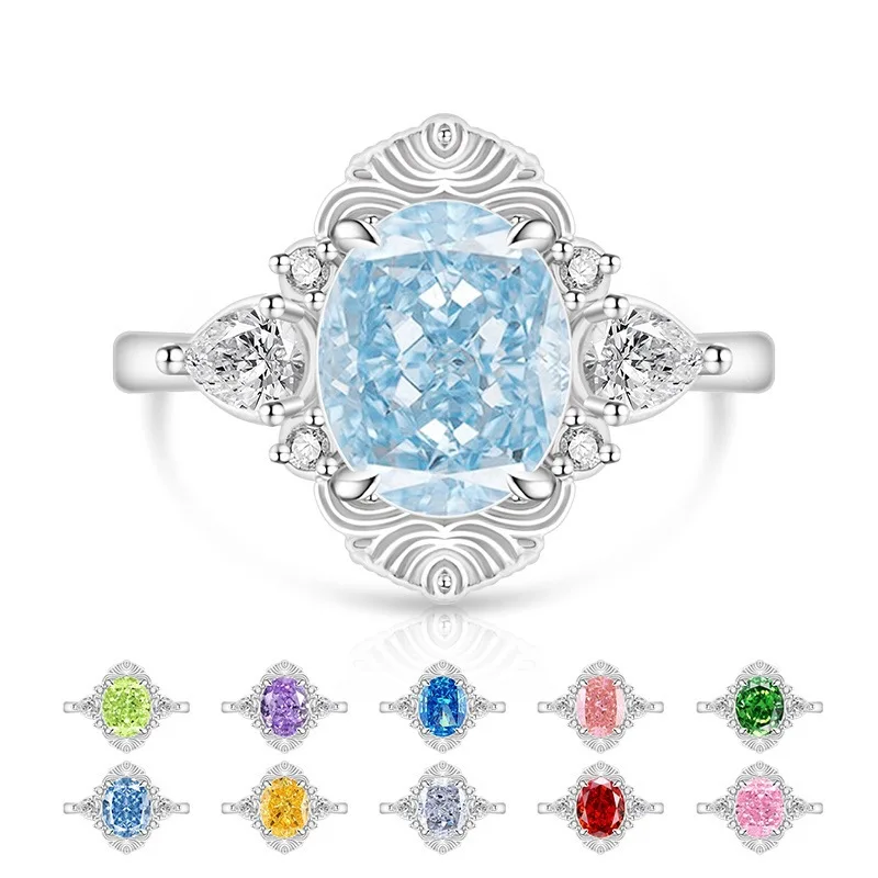 Hip-hop ice flower cut pigeon egg ring for ladies, fashionable and simple, 925 sterling silver, fade-resistant jewelry, party ac