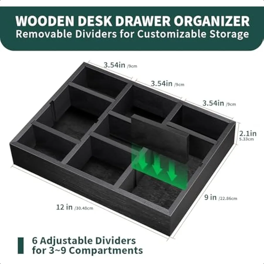 صينية تنظيم درج المكتب مع 9 مقصورات قابلة للتعديل، ملحقات مكتب خشبية، لوازم تخزين منظمة للمكتب