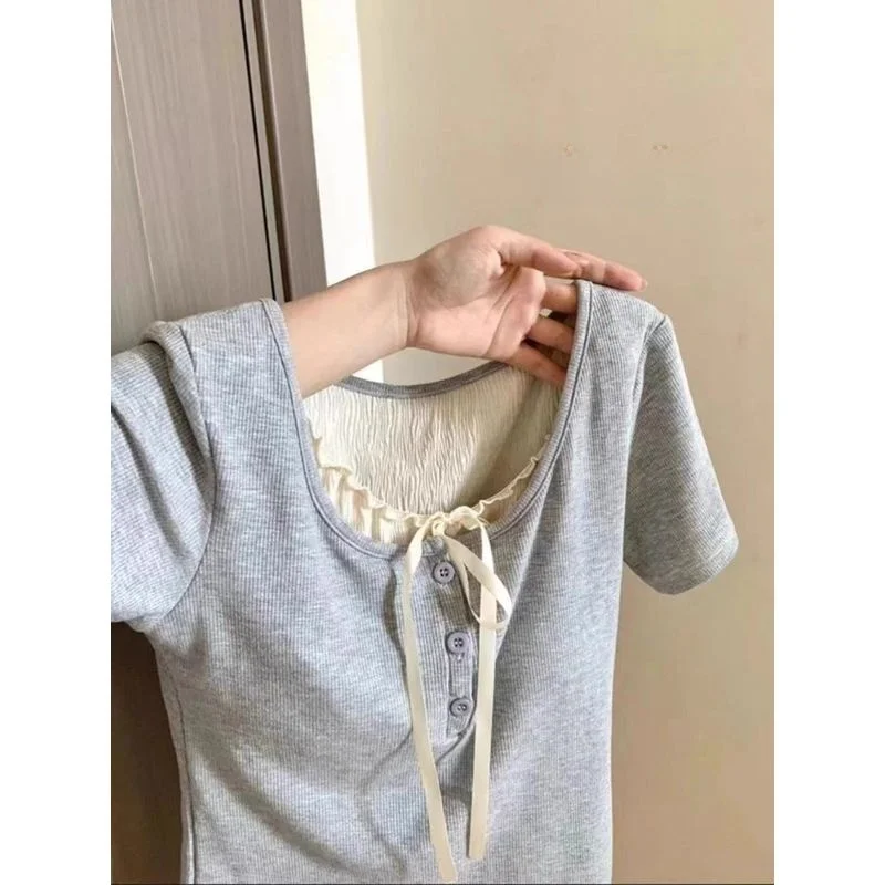 False Two-Piece Lace Trim Short Sleeve T-Shirt Women's Slim Fit Inner Wear Pure Color High Waist Slimming Sexy Top Ins Style