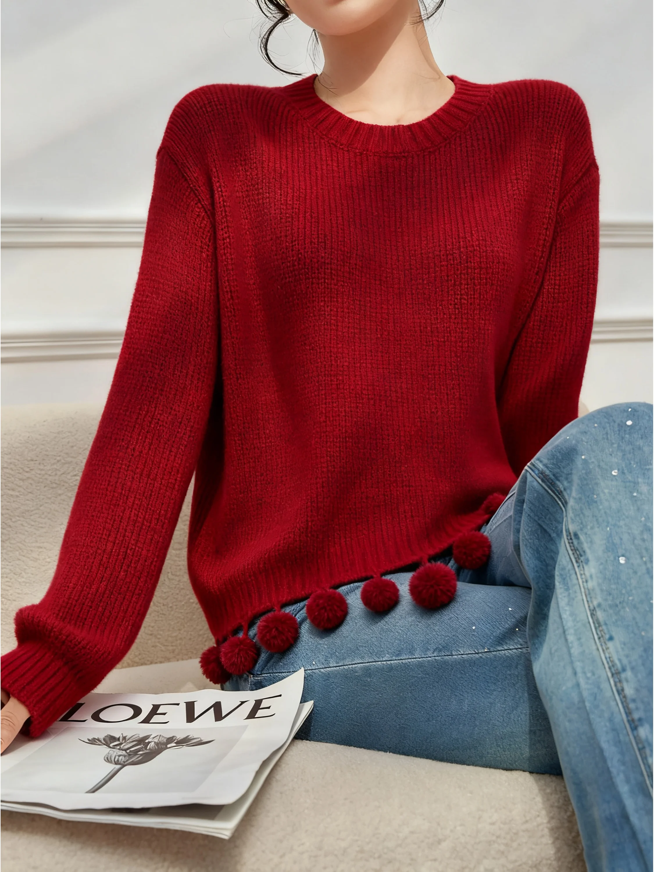 

Красный вязаный свитер с круглым вырезом для женщин: зимняя теплая и мягкая верхняя одежда премиум-класса для повседневной носки и создания стильных образов