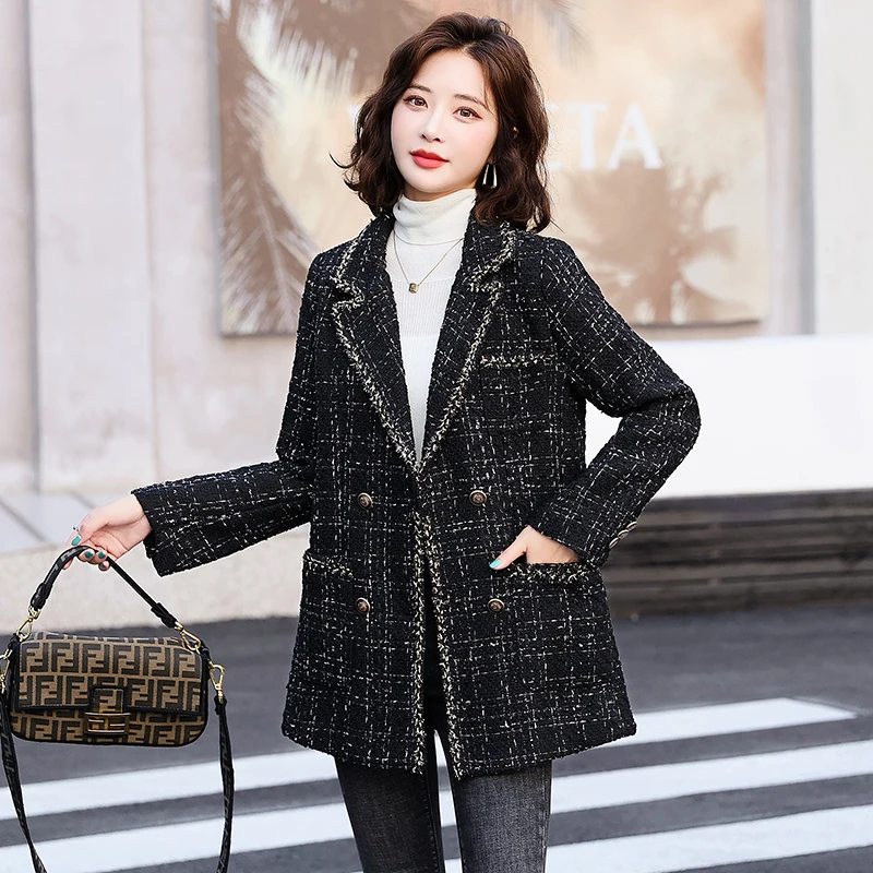 Vero colpo autunno inverno nuove donne cappotto di lana scozzese sciolto, stile Chic Tweed Socialite Patchwork Blazer femminile ufficio signora cappotto