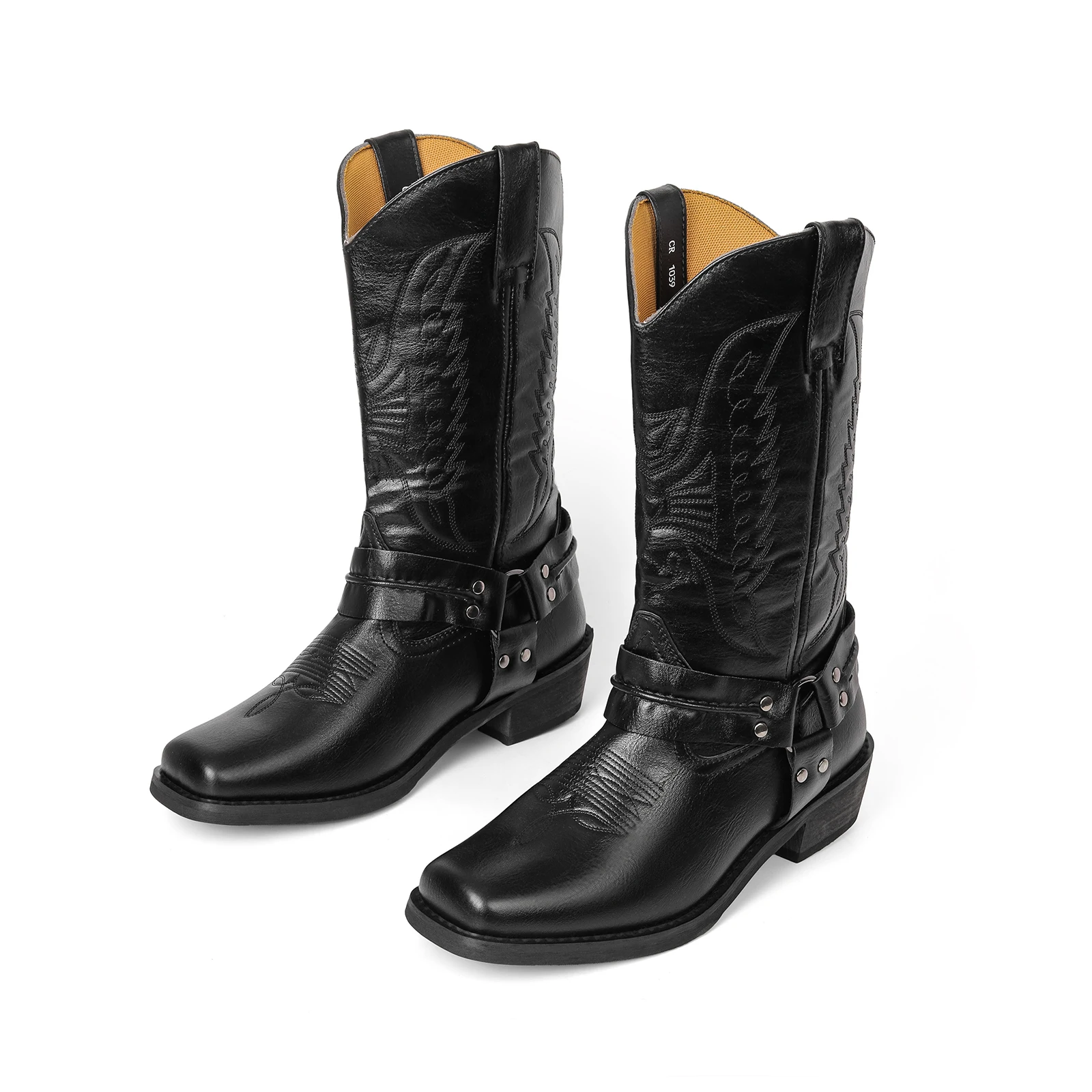 Męskie kowbojki motocyklowe w stylu western, jesienne buty outdoorowe ze skóry PU z motywem totemu, buty do połowy łydki w stylu retro na kwadratowym obcasie, buty na Halloween.