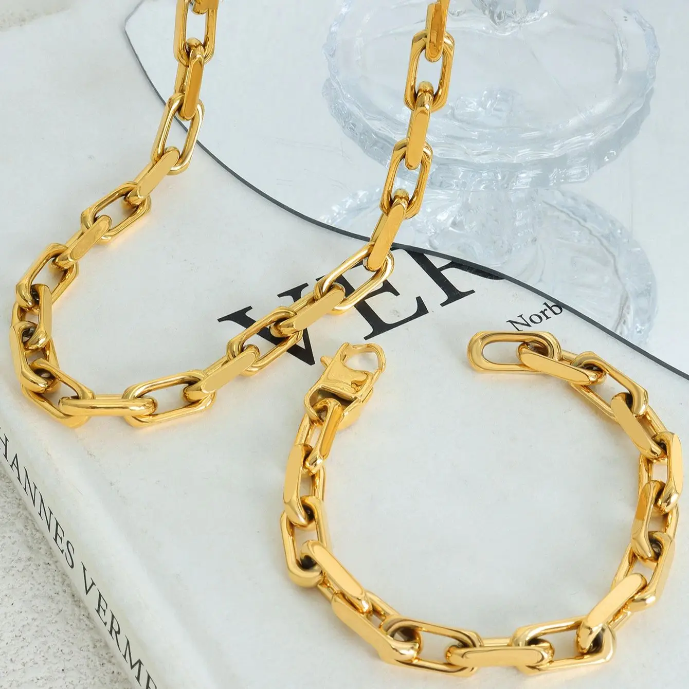 Stainless Steel Necklace Bracelet For Women Men Square O Chain Gold-Plated Waterproof Couple Wedding Jewelry Sets