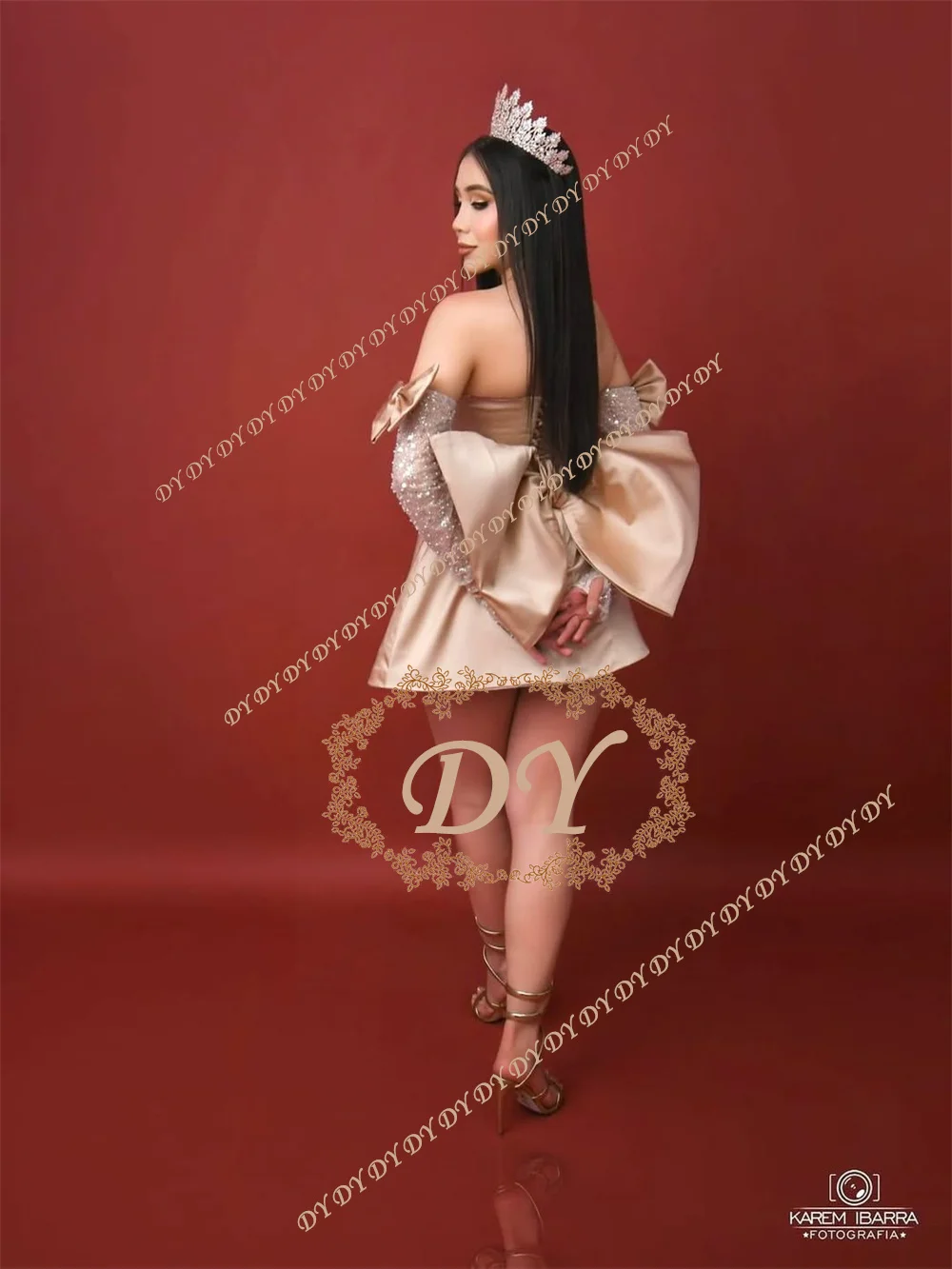 

DY Brilliant Short Champagne Crystal Cocktail Dresses Bow Beadings Sequined Mini Graduation Dress Customized