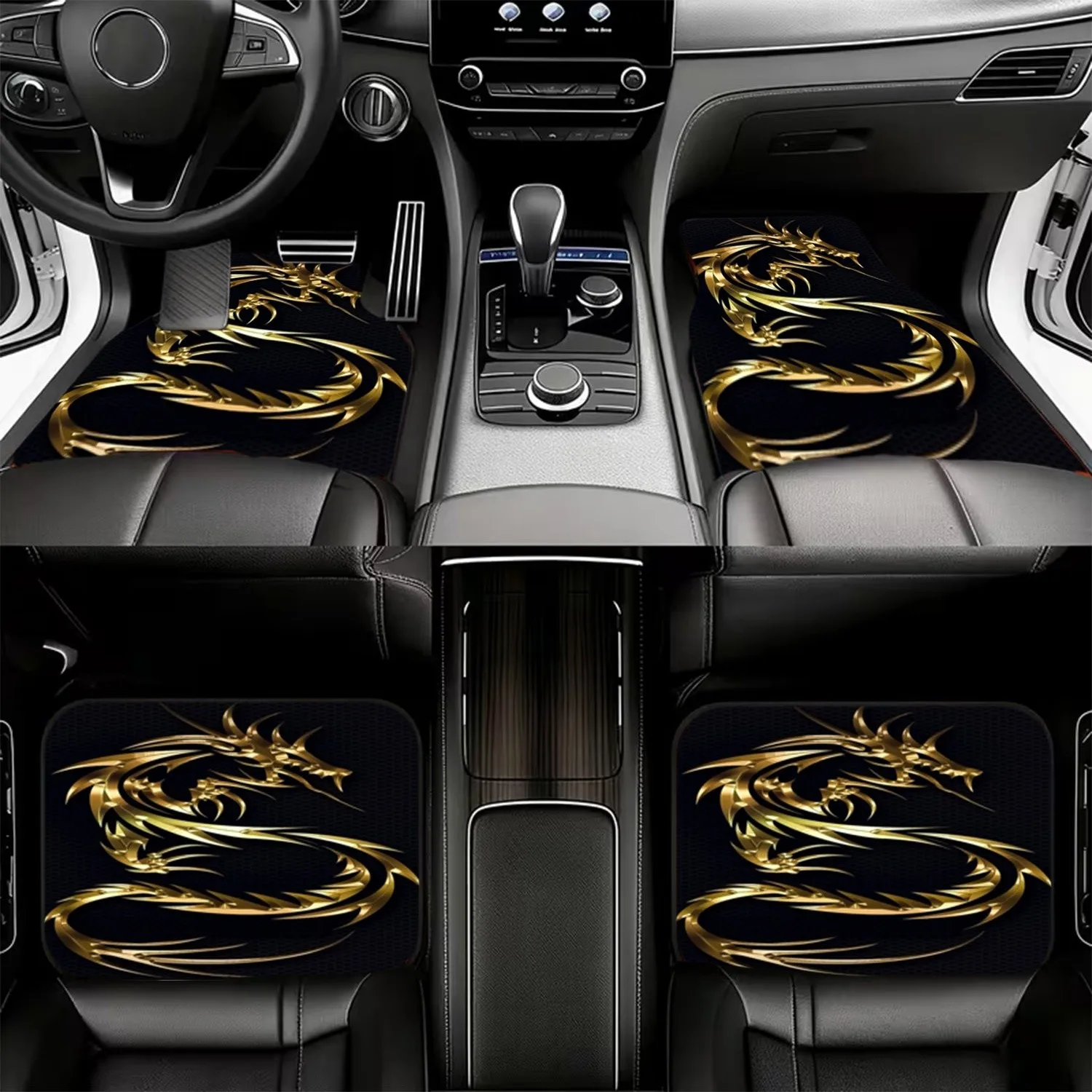4pcs Car Floor Mats, Stylized Golden Dragon Design, Material, Bold & Ornate Aesthetic, Dynamic Serpentine Form, Sharp Geometric