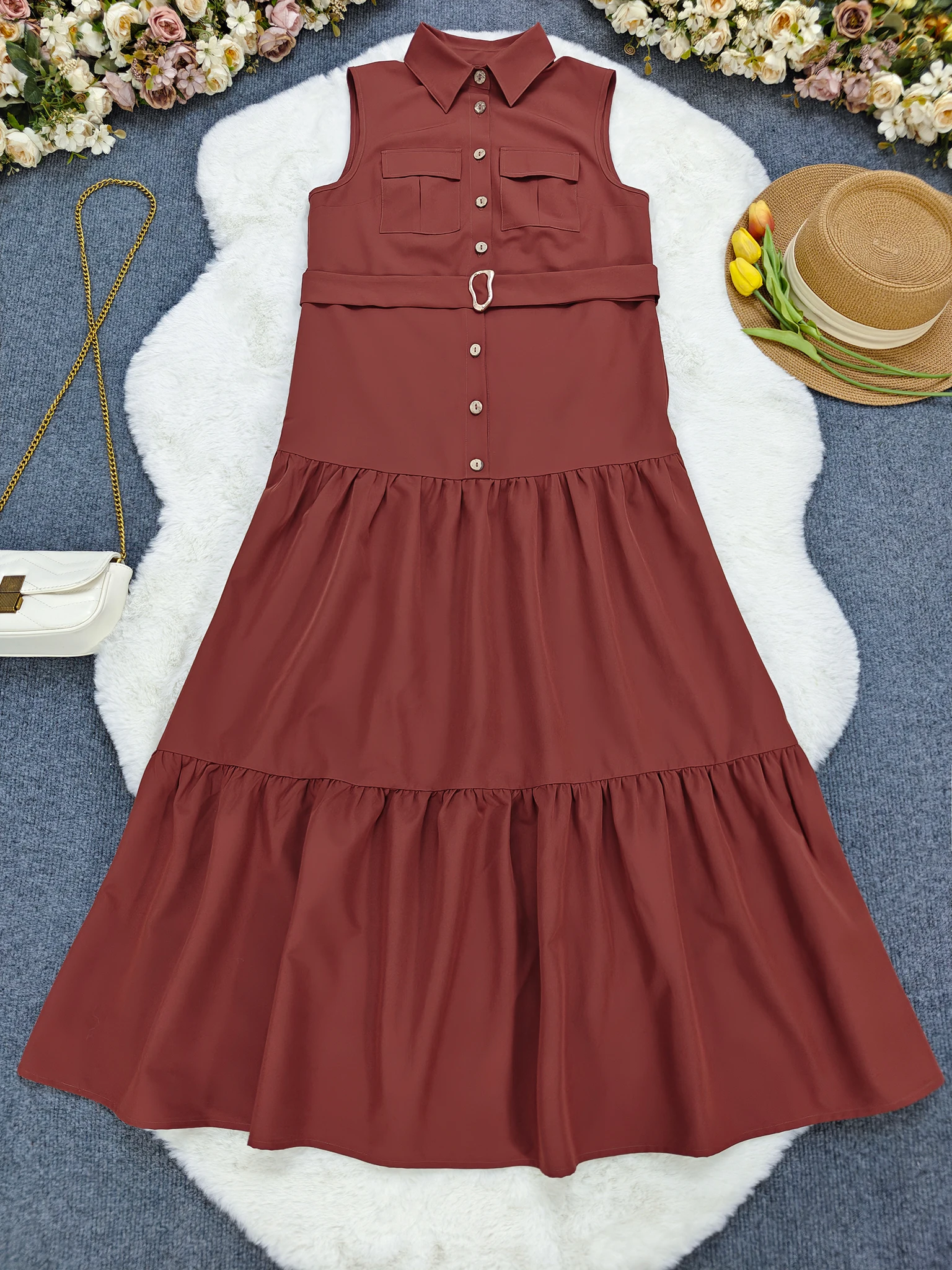 ชุดเดรสเอวแขนกุดปกลําลองสีทึบติดกระดุมผู้หญิงสําหรับฤดูใบไม้ผลิ/ฤดูร้อน