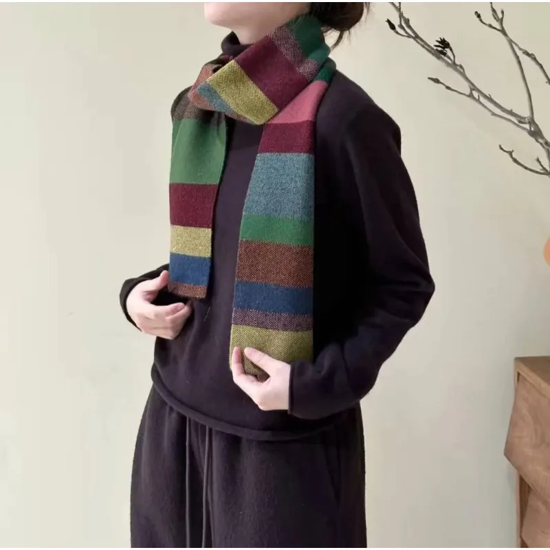 Striped Plaid Women Scarf Rainbow Color Block Faux Cashmere Fringe Warm Protective Neck Warmer for Autumn Winter