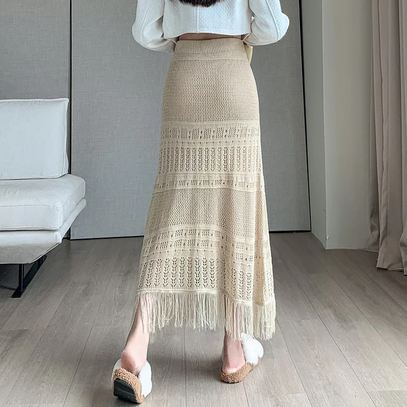 Tassel Knitted Skirt Spring Autumn Korean Fashion High Waist A-line Skirt Long Maxi Skirt Slim Fit Streetwear