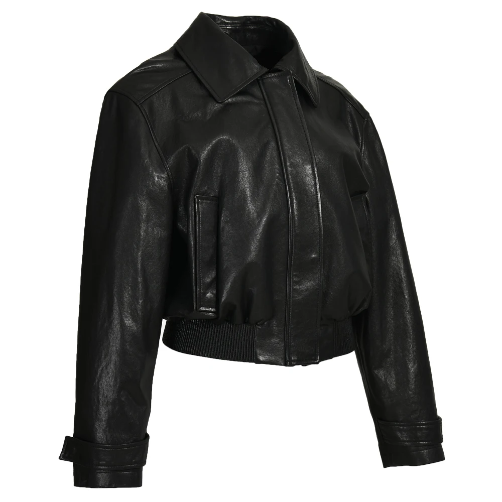 New Fashion Ladies Casual Real Sheepskin Coat High Quality Zipper Cropped Wholesale Fall Women Bomber Jacket Leather