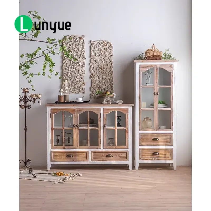 European Country Style Wooden Glass Antique Side Cabinet Large Capacity Storage Furniture for Living Room Kitchen Hotel Decor
